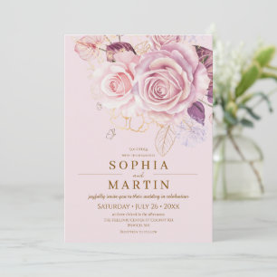 Convite Rosas Empoeiradas Cor de Rosa Botânico Floral Casa