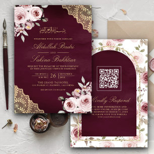 Convite Rosas Empoeiradas Renda Dourada Código QR Ameixa C