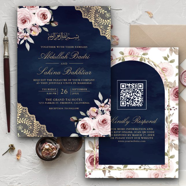 Convite Rosas Empoeiradas Renda Dourada Código QR Casament (Criador carregado)