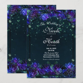 Convite Rosas Encantadas de Jardim com Brilho Roxo e Verde