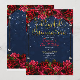 Convite Rosas Enfeitiçadas Azul Marinho & Dourado Quinceañ