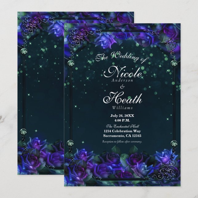 Convite Rosas Enfeitiçadas de Casamento com Brilho Verde R (Frente/Verso)