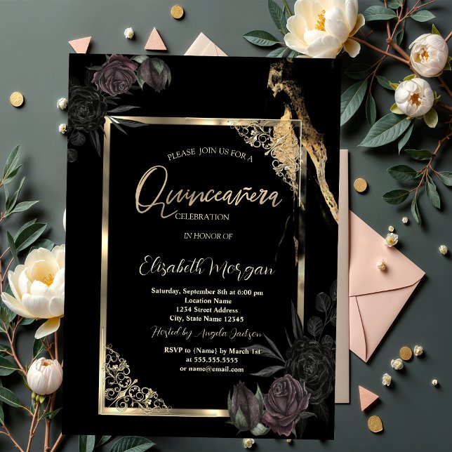 Convite Rosas Escuras Chic com Moldura Dourada para Festa  (Criador carregado)