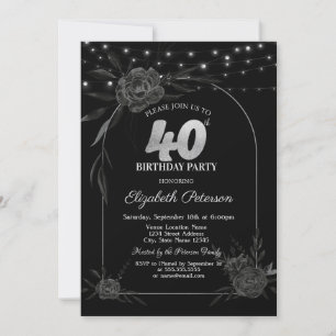 Convite Rosas escuras, Luzes de Corda Pretas Aniversário d