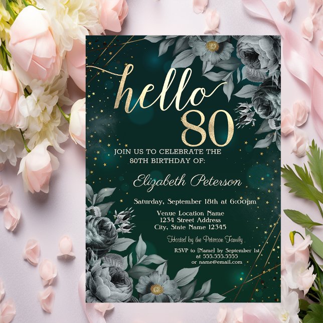 Convite Rosas Escuras Verde 80º Aniversário (Criador carregado)