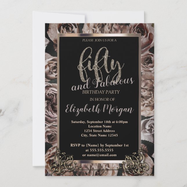 Convite Rosas Escuros Chic - Quadro 50ª Festa de aniversár (Frente)