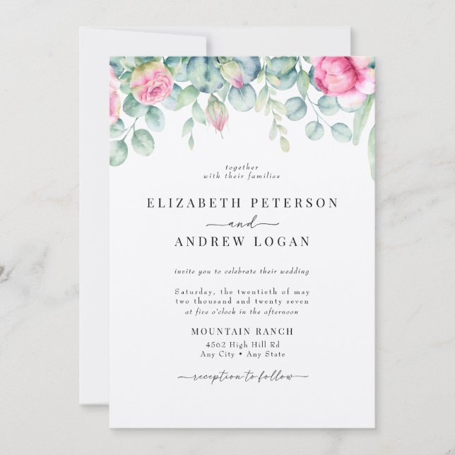 Convite Rosas Eucalyptus | Boho Greenery Casamento Elegant (Frente)