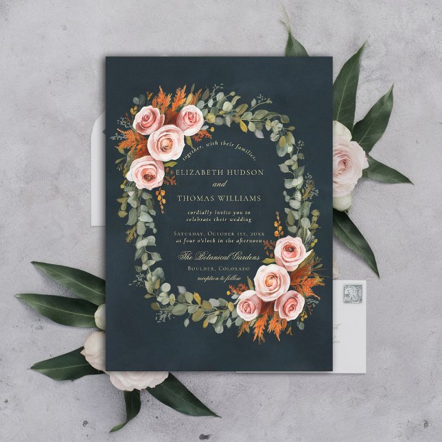 Convite Rosas Eucalyptus Casamento outono de Fenda de Cobr (fall wedding invitation botanical wreath roses eucalyptus elegant formal modern classic copper green)