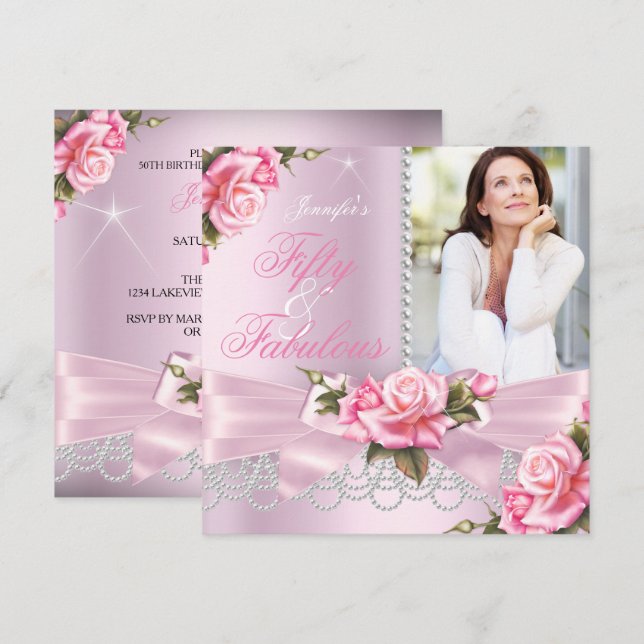 Convite Rosas Fabulosas 50 Pérolas Arco Rosa Foto Aniversá (Frente/Verso)