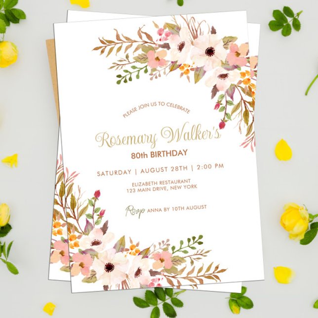Convite Rosas Femininas Floral 80 Festa de aniversário (Floral Adult 80th Birthday Invitation)