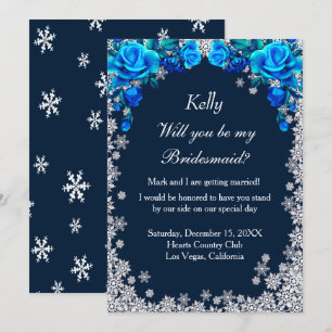 Convite Rosas Floco de Neve Azul Brilhante Noiva de Natal