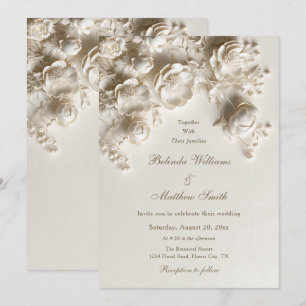 Convite Rosas Florais 3D Esculpidas Creme Marfim Casamento