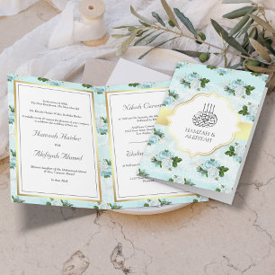 Convite Rosas Florais Azuis e Brancas Casamento Muçulmano