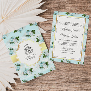 Convite Rosas Florais Azuis e Brancas Casamento Muçulmano