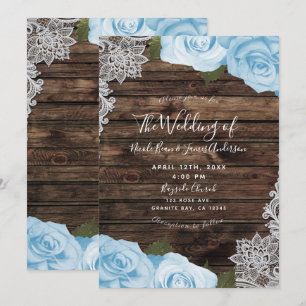 Convite Rosas Florais Azul Claro Madeira Rústica Casamento