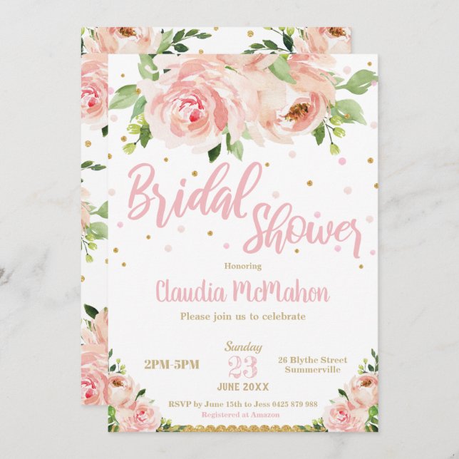 Convite Rosas Florais Blush Chá de panela Rosa e Dourado (Frente/Verso)