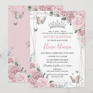 Convite Rosas Florais Borboletas Quinceanera 15 Rosa Suave