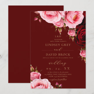 Convite Rosas Florais Borgonha Rosadas Casamento