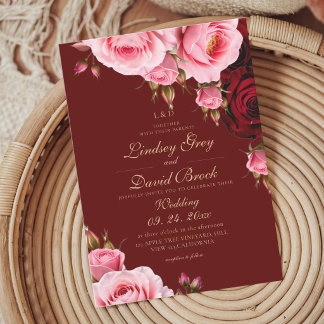 Convite Rosas Florais Borgonha Rosadas Casamento