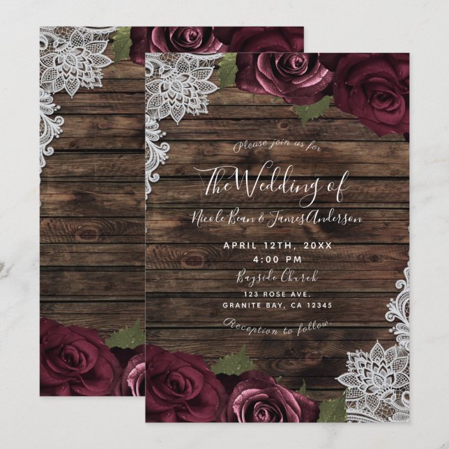 Convite Rosas Florais Borgonha Rustico Lace Casamento Em M (Frente/Verso)