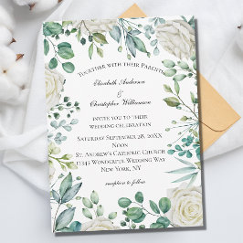 Convite Rosas Florais Brancas Eucalipto Botânico Casamento