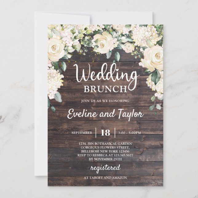 Convite Rosas florais brancos de madeiras rústicas elegant (Frente)