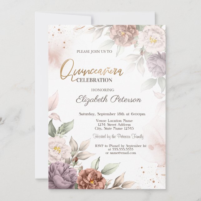 Convite Rosas Florais Chic Boho Quinceañera (Frente)