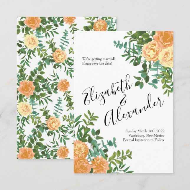 Convite Rosas Florais Clássicas de Casamento Peach (Frente/Verso)