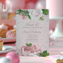 Rosas Florais Cor-de-Rosa Brilho Prata Doce 16