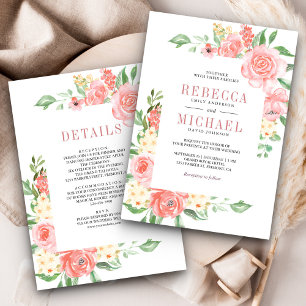 Convite Rosas Florais Cor-de-Rosa Tímido Tudo em Uma Noiva
