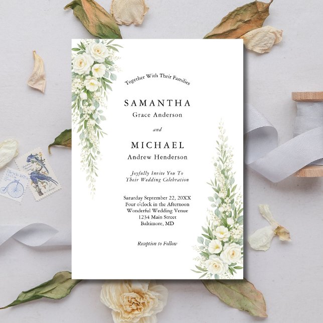 Convite Rosas Florais Creme Branco Casamento Moderno Elega (White Cream Watercolor Roses Greenery Modern Classic Wedding Invitation)