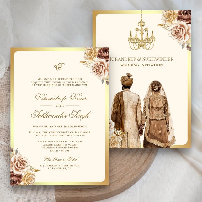 Convite Rosas Florais Creme Marrom Anand Karaj Casamento S (Criador carregado)