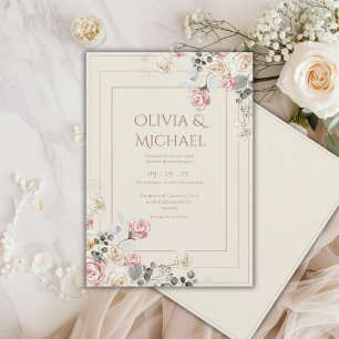 Convite Rosas Florais Cremosas de Rosa Elegante Casamento