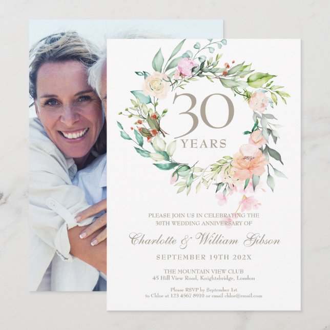 Convite Rosas Florais de Aniversário de Casamento de Pérol (Frente/Verso)