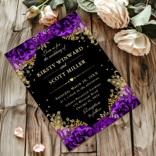 Convite Rosas Florais de Casamento Roxas e Douradas