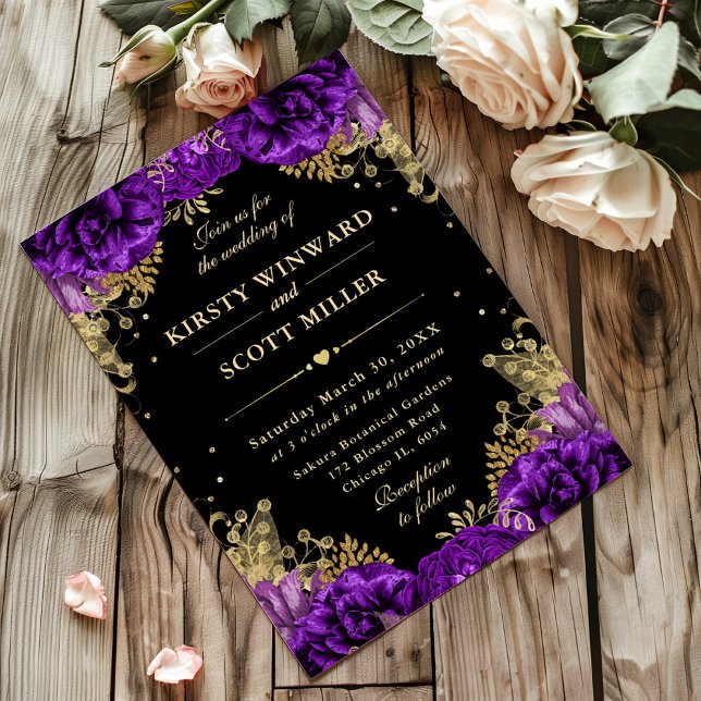 Convite Rosas Florais de Casamento Roxas e Douradas (Criador carregado)