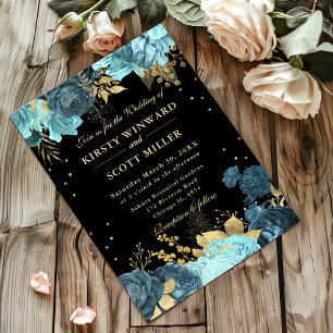 Convite Rosas Florais de Casamento Turquesa e Dourado