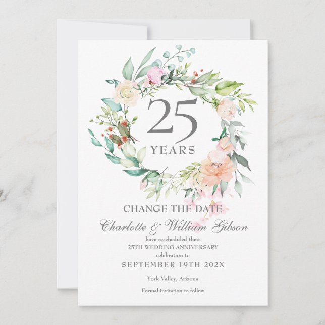 Convite Rosas Florais de Mudança de Data do 25º Aniversári (Frente)