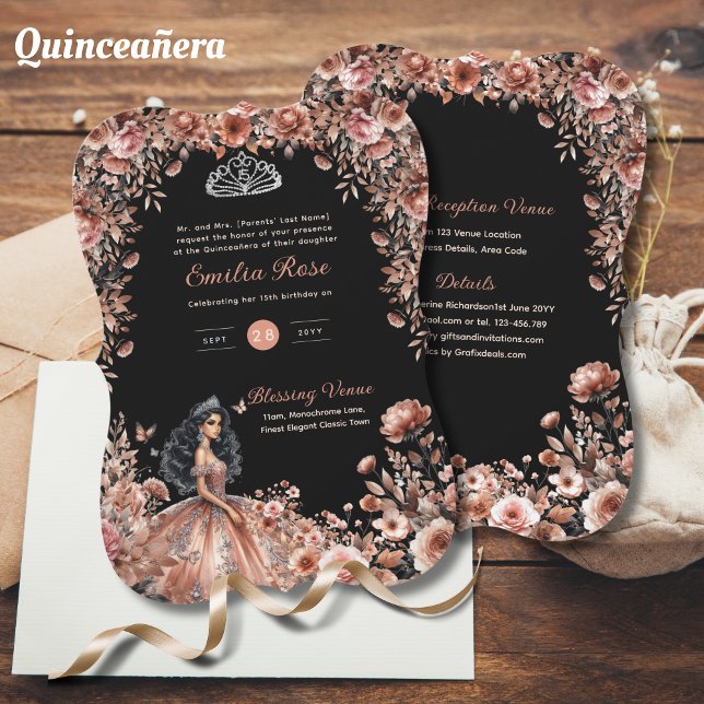 Convite Rosas Florais de Vestido de Quinceanera rosa Doura (Criador carregado)