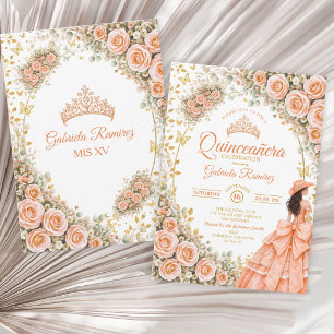 Convite Rosas Florais Douradas de Pêssego Quinceañera Ocid