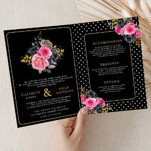 Convite Rosas Florais Douradas Fúcsia Tudo em Um Casamento