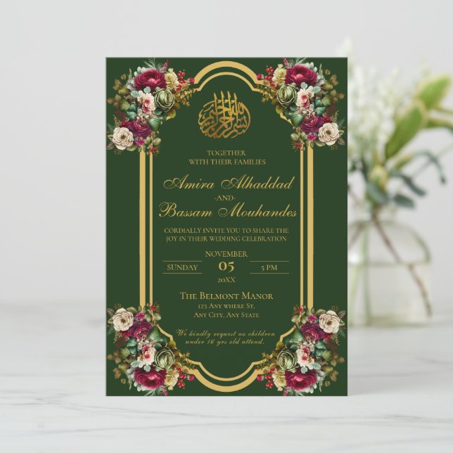 Convite Rosas Florais Elegante Casamento Islâmico (Em pé/Frente)