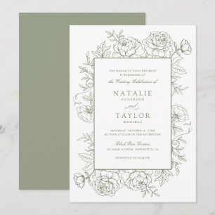 Convite Rosas Florais Elegantes Casamento Verde Sage