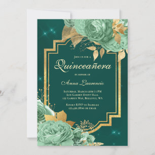 Convite Rosas Florais Elegantes Verde Sage Dourado Quincea
