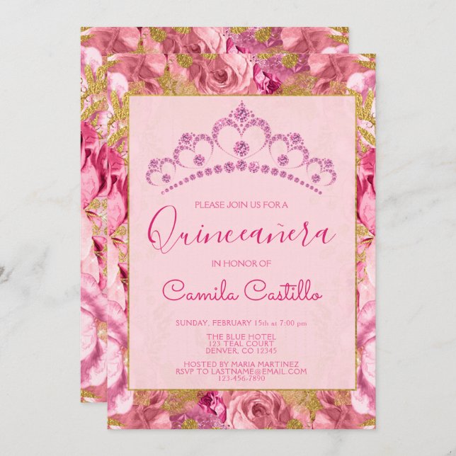 Convite Rosas Florais Flores Rosa Padrão Quinceanera (Frente/Verso)