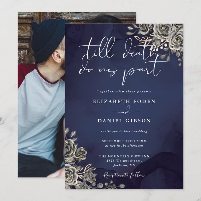 Convite Rosas Florais Góticas em Azul Meia-Noite Foto Casa (Frente/Verso)