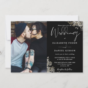 Convite Rosas Florais Góticas Preto e Branco Foto Casament