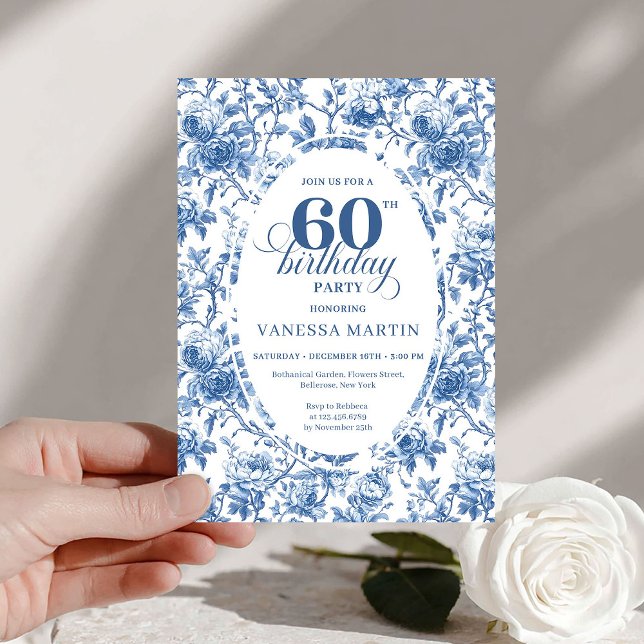 Convite Rosas Florais Refined Navy Toile de Jouy 60º Anive (Refined Navy Roses Floral Toile 60th Birthday Invite)
