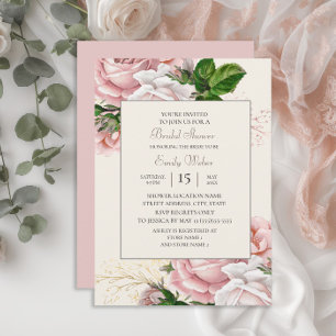 Convite Rosas Florais Rosa Bege Banho de Noiva
