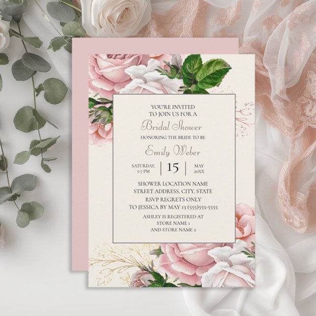 Convite Rosas Florais Rosa Bege Banho de Noiva (Blush pink vintage floral bridal shower invitation)